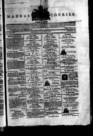 cover page of Madras Courier published on March 19, 1800