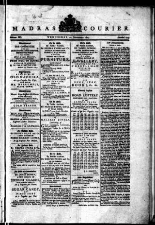 cover page of Madras Courier published on November 2, 1803