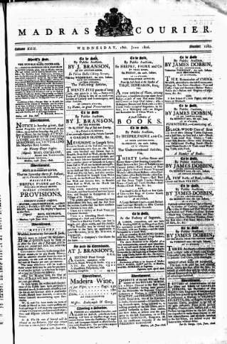 cover page of Madras Courier published on June 18, 1806