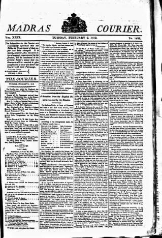 cover page of Madras Courier published on February 2, 1813