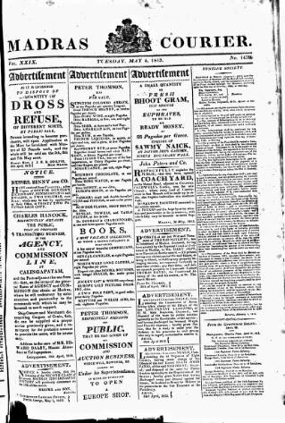 cover page of Madras Courier published on May 4, 1813