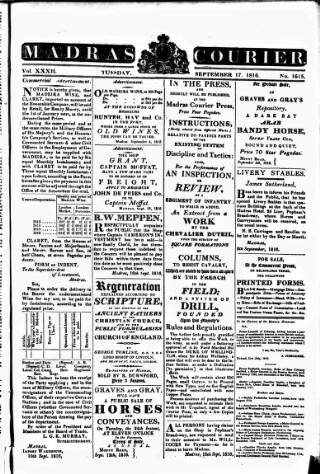 cover page of Madras Courier published on September 17, 1816