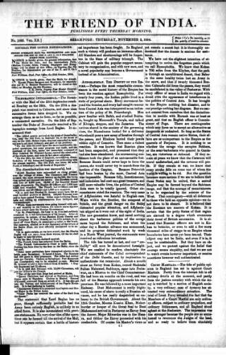 cover page of Friend of India and Statesman published on November 2, 1854