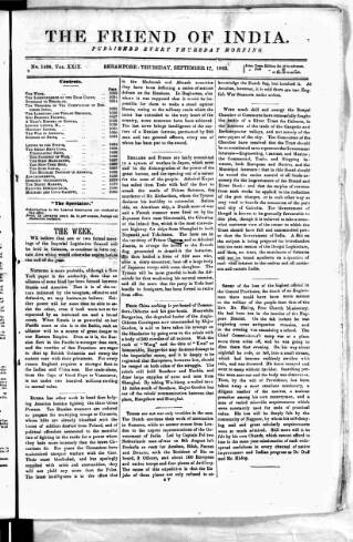 cover page of Friend of India and Statesman published on September 17, 1863