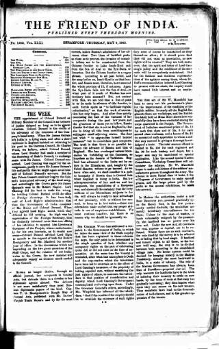 cover page of Friend of India and Statesman published on May 4, 1865