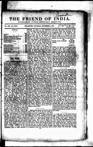 cover page of Friend of India and Statesman published on November 2, 1865