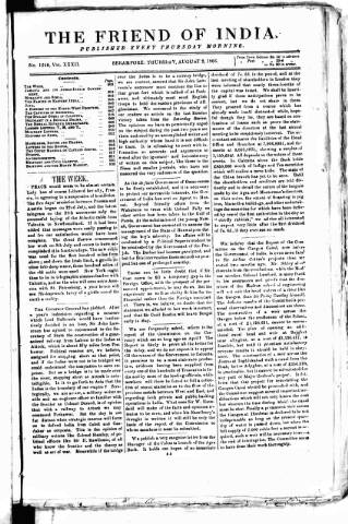 cover page of Friend of India and Statesman published on August 2, 1866