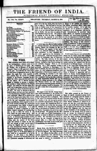 cover page of Friend of India and Statesman published on March 19, 1868