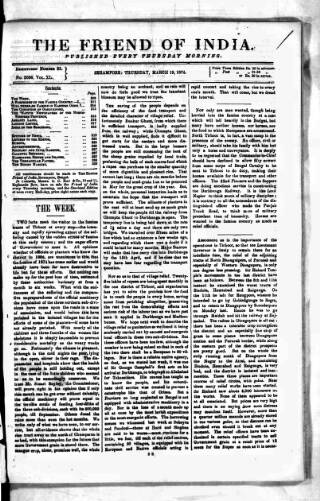 cover page of Friend of India and Statesman published on March 19, 1874