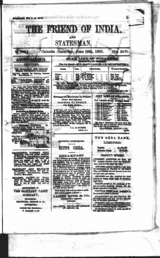 cover page of Friend of India and Statesman published on June 18, 1881