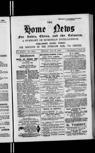 cover page of Home News for India, China and the Colonies published on June 18, 1880