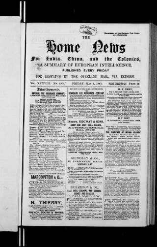 cover page of Home News for India, China and the Colonies published on May 4, 1883