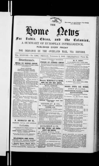 cover page of Home News for India, China and the Colonies published on November 2, 1883
