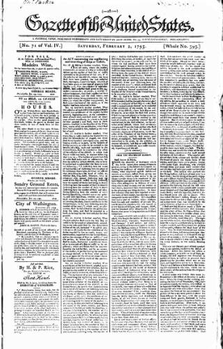 cover page of Gazette of the United States published on February 2, 1793