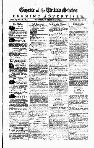 cover page of Gazette of the United States published on March 19, 1794