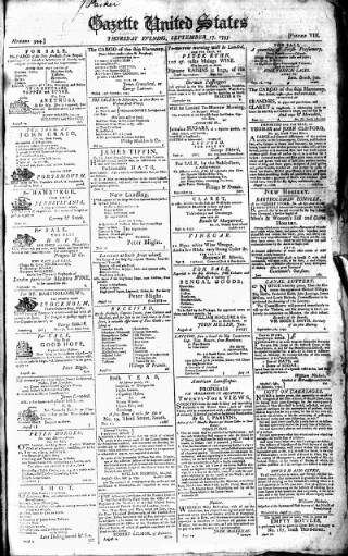 cover page of Gazette of the United States published on September 17, 1795