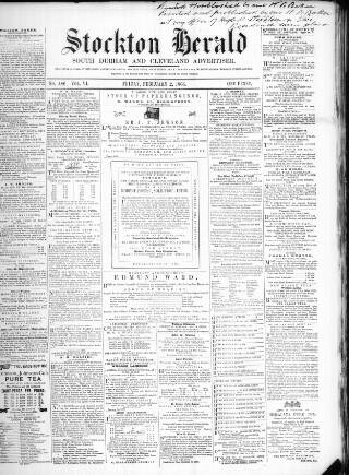 cover page of Stockton Herald, South Durham and Cleveland Advertiser published on February 2, 1866