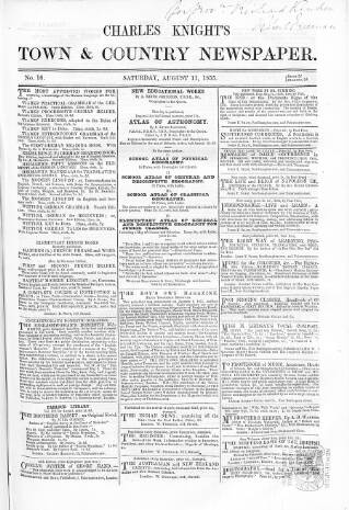 cover page of Charles Knight's Town & Country Newspaper published on August 11, 1855
