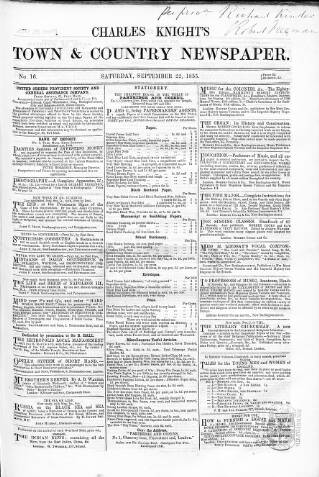 cover page of Charles Knight's Town & Country Newspaper published on September 22, 1855