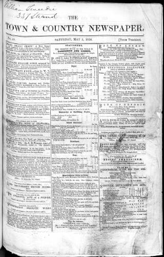cover page of Charles Knight's Town & Country Newspaper published on May 3, 1856