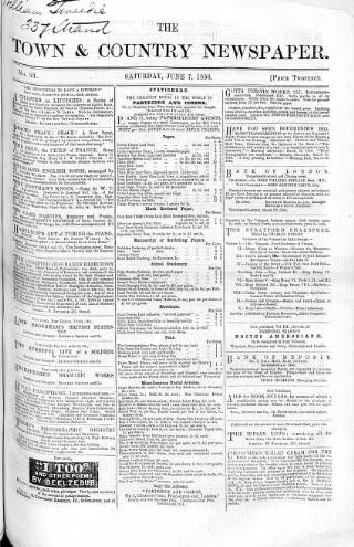cover page of Charles Knight's Town & Country Newspaper published on June 7, 1856