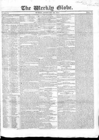 cover page of Weekly Globe published on February 29, 1824