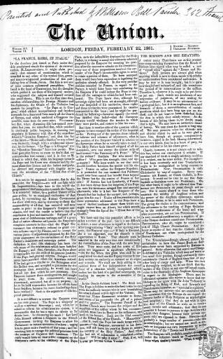 cover page of Union published on February 22, 1861