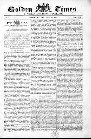 cover page of Golden Times published on September 11, 1852