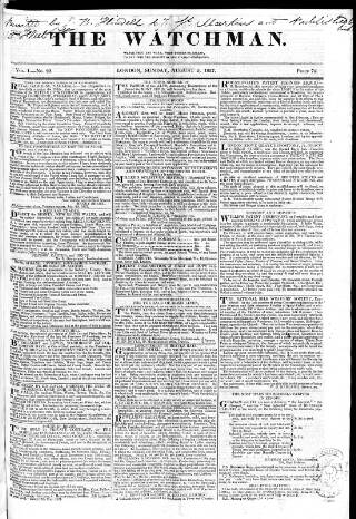 cover page of Watchman published on August 5, 1827