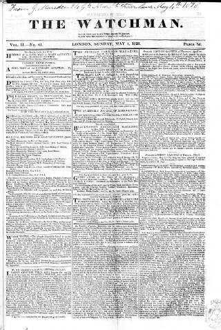 cover page of Watchman published on May 4, 1828