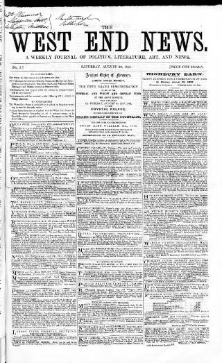 cover page of West End News published on August 20, 1859