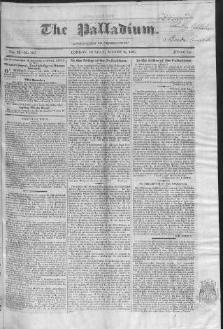 cover page of Palladium 1825 published on August 6, 1826