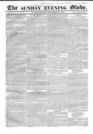 cover page of Sunday Evening Globe published on November 20, 1836