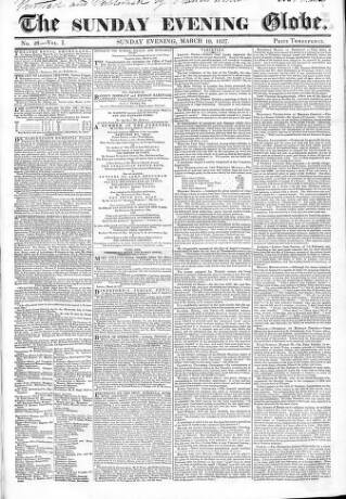 cover page of Sunday Evening Globe published on March 19, 1837
