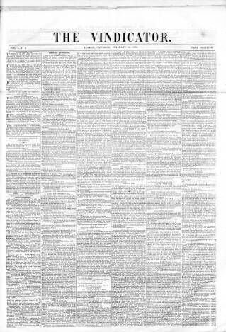 cover page of Vindicator (London) published on February 19, 1859