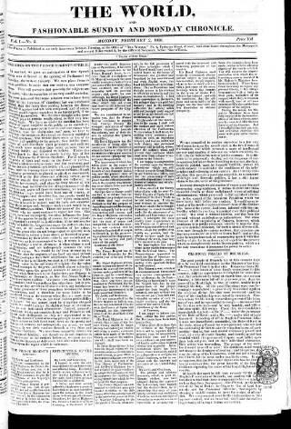 cover page of World and Fashionable Sunday Chronicle published on February 2, 1818