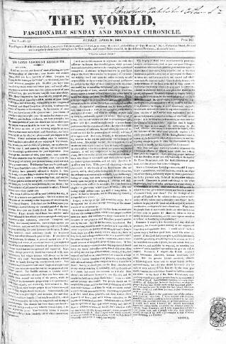 cover page of World and Fashionable Sunday Chronicle published on April 26, 1818
