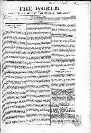 cover page of World and Fashionable Sunday Chronicle published on June 15, 1818
