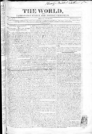 cover page of World and Fashionable Sunday Chronicle published on June 29, 1818