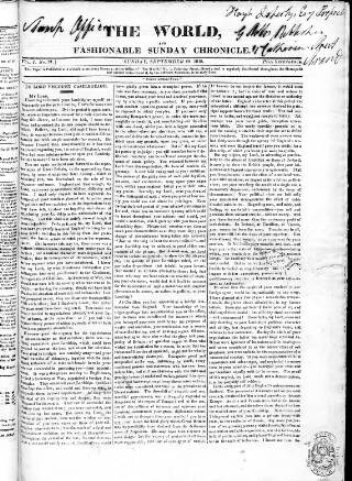 cover page of World and Fashionable Sunday Chronicle published on September 20, 1818