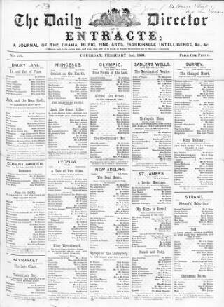 cover page of Daily Director and Entr'acte published on February 2, 1860