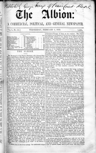 cover page of Albion published on February 2, 1853