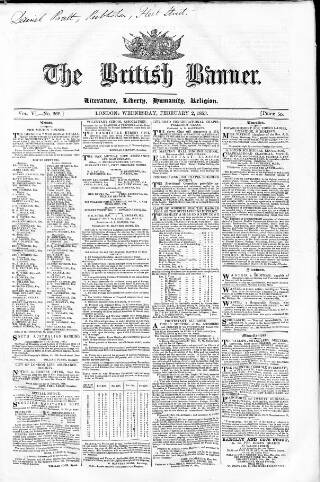 cover page of British Banner 1848 published on February 2, 1853