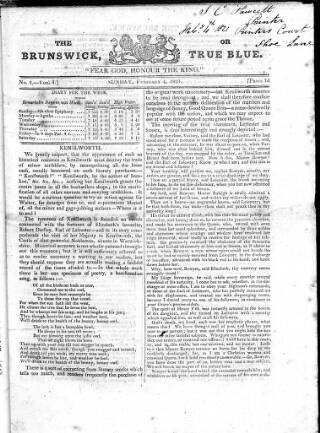 cover page of Brunswick or True Blue published on February 4, 1821