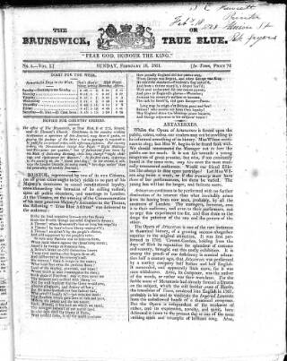 cover page of Brunswick or True Blue published on February 18, 1821