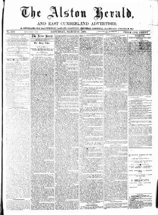 cover page of Alston Herald and East Cumberland Advertiser published on March 29, 1879