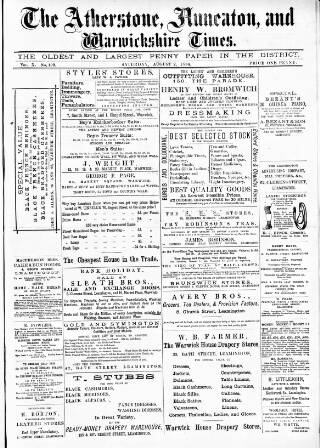 cover page of Atherstone, Nuneaton and Warwickshire Times published on August 2, 1884
