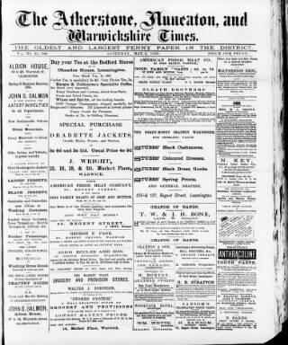 cover page of Atherstone, Nuneaton and Warwickshire Times published on May 2, 1885