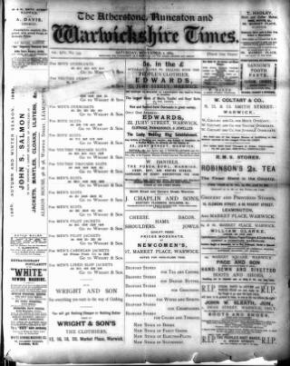 cover page of Atherstone, Nuneaton and Warwickshire Times published on November 2, 1889