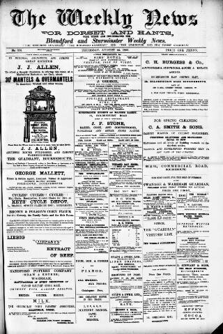 cover page of Blandford Weekly News published on August 25, 1892